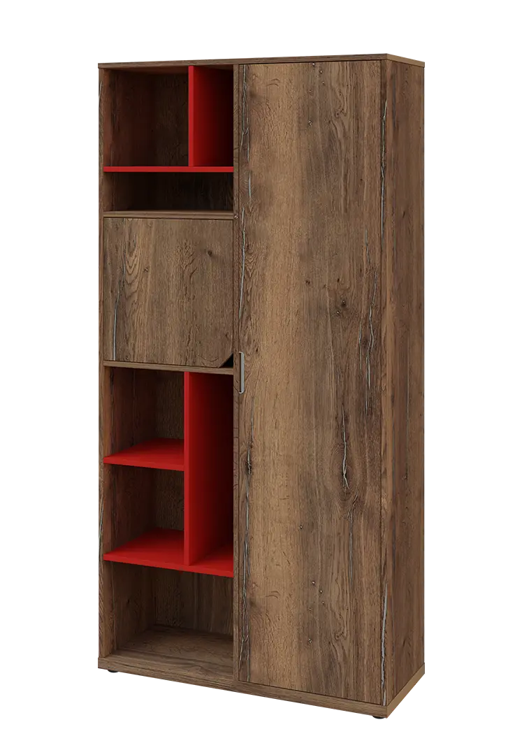 KSR6-83 P skříň šatní, 1x výsuvné ramínko, dvířka, niky, 2053x1022x400 mm, provedení pravé, korpus a dvířka dub halifax cínový/police červená